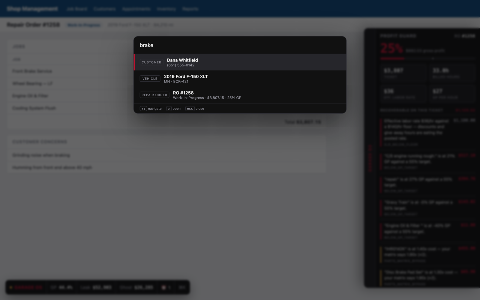 The command palette open over Tekmetric with customer, vehicle and repair order results.